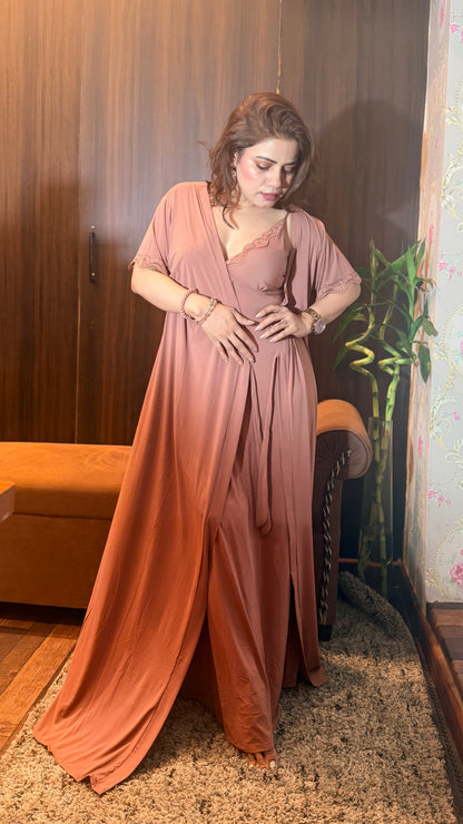 Bling by Anjali – Mocha Luxe Satin Nighty with Robe Set