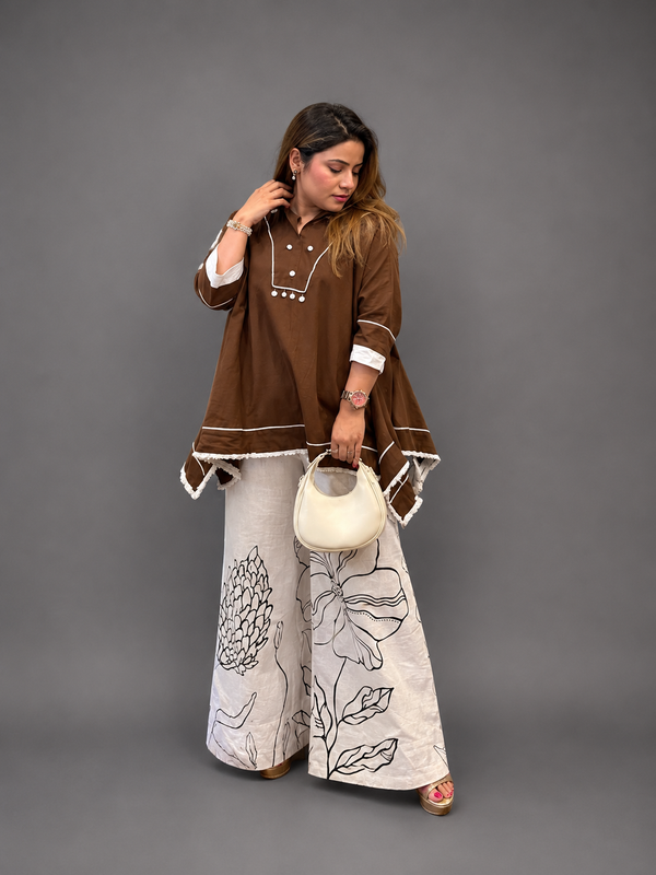 Brown Cotton Kaftan Co-ord Set with Printed Palazzo – Effortless Chic Wear