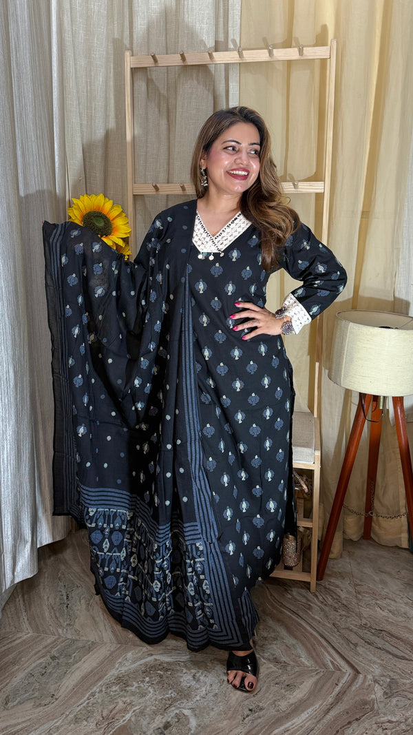 Elegant Black Printed Kurta Set with Dupatta