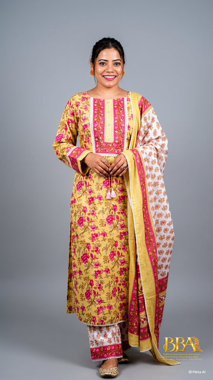 "Aura of Summer" Pure Cotton Floral 3-Piece Suit Set