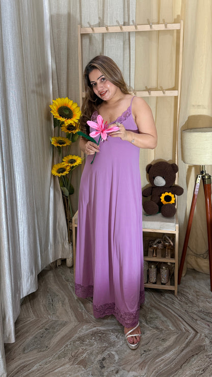 Lavender Lace Trim Luxury Long Nighty for Women