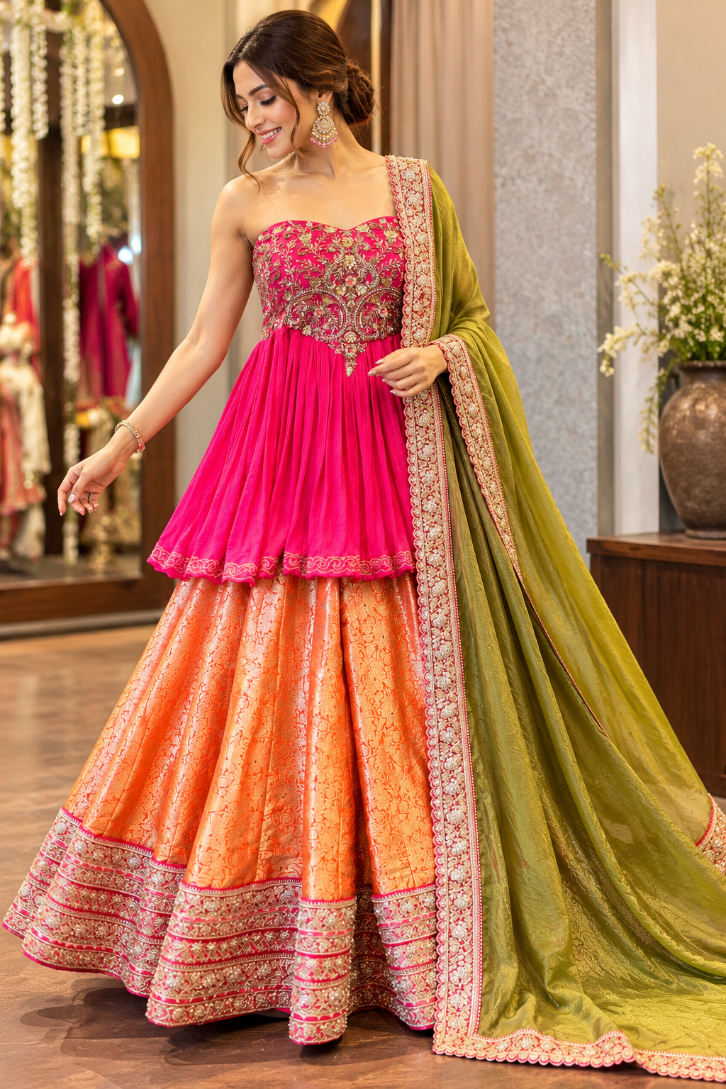 Pink and Orange Sharara Set with Embroidered Olive Dupatta