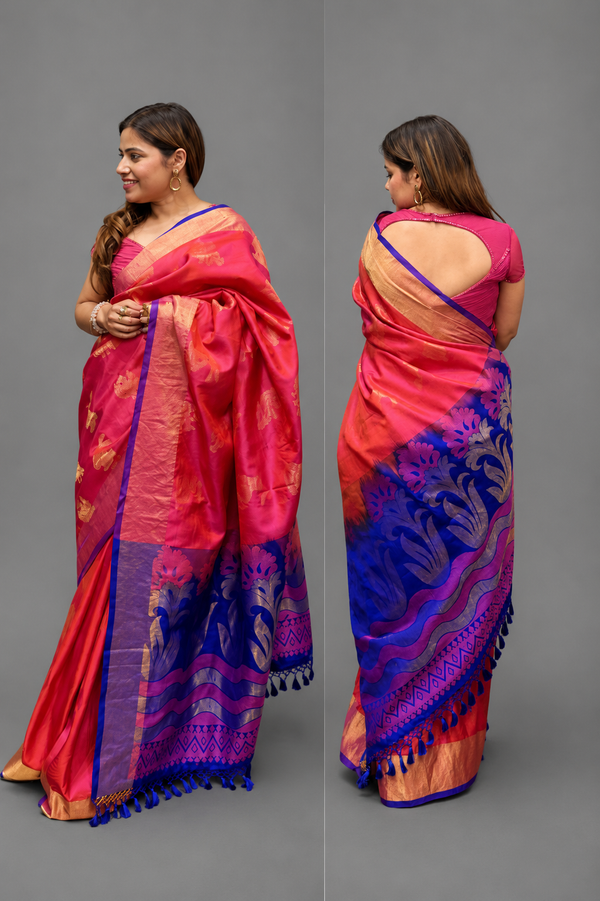 Rani Pink Banarasi Silk Saree with Royal Blue Border & Zari Weaving