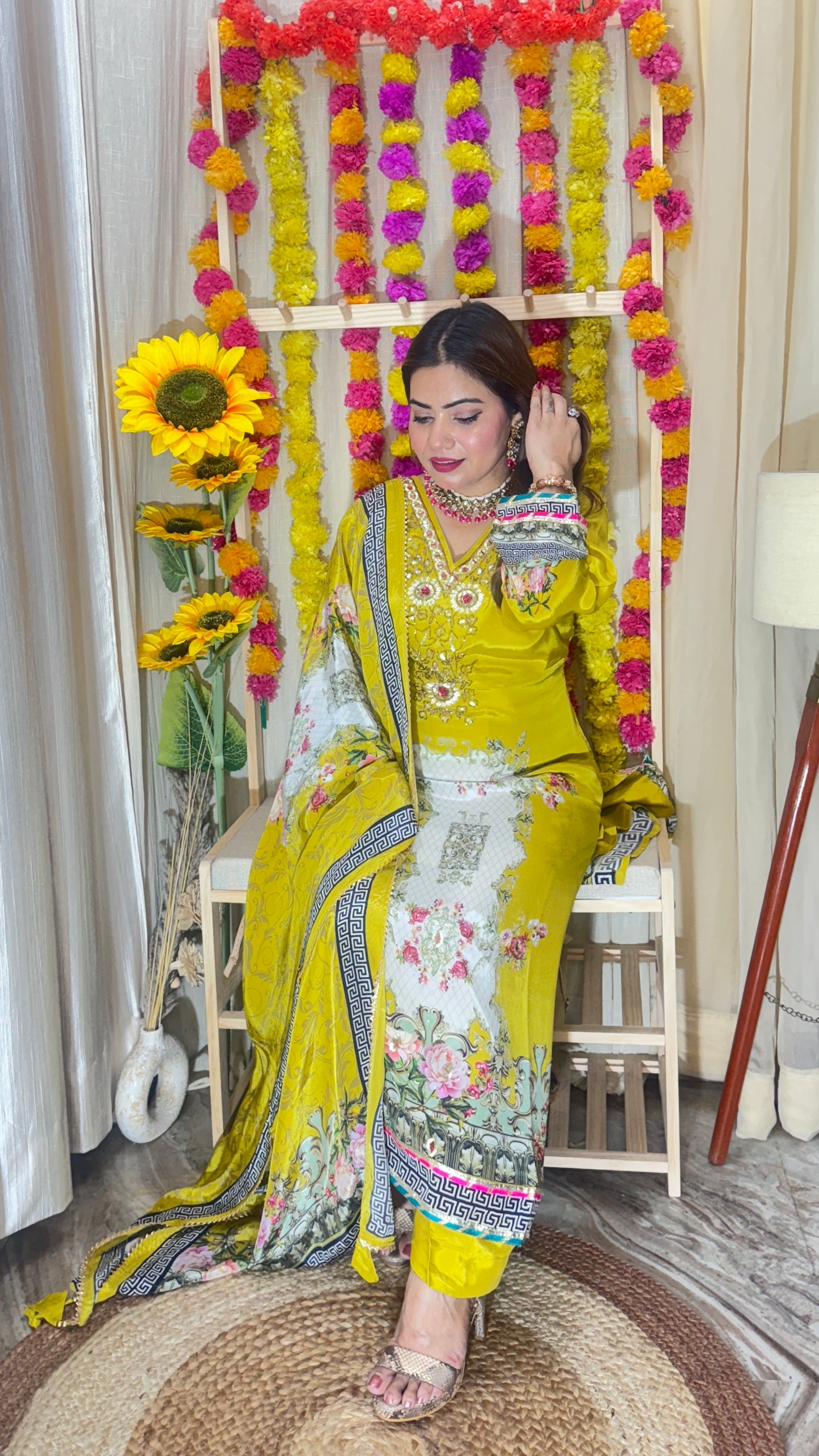 Mustard Yellow Pure Crêpe, ￼ Embroidered 3-Piece Suit