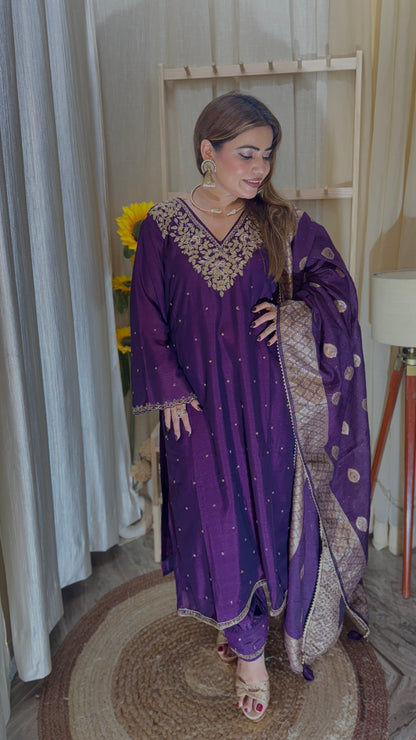 Royal Purple Embroidered Suit with Banarasi Dupatta