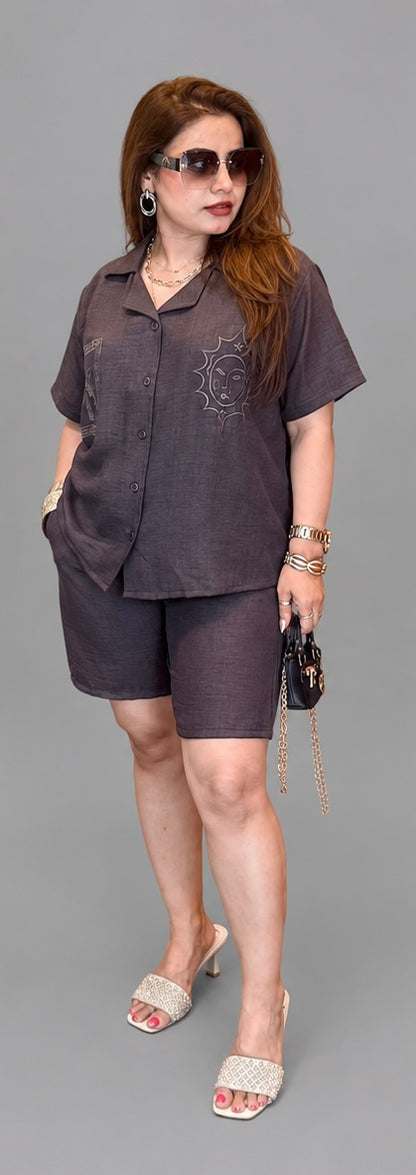 Premium Cotton Co-ord Set with Shirt & Shorts (Blue, Pink, Brown) | Luxury Summer Lounge Wear | South Delhi Boutique