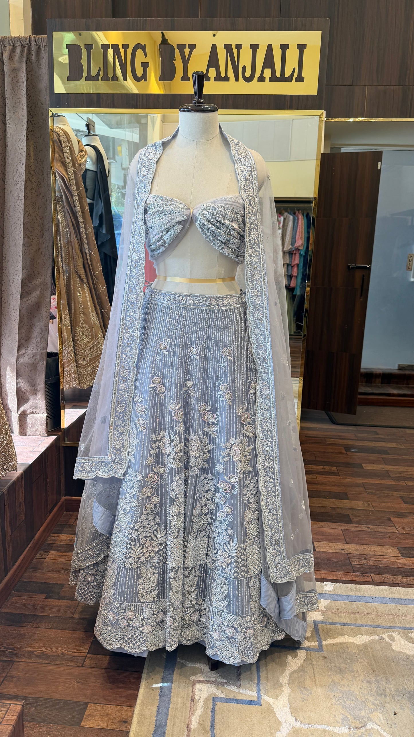 Ice Blue Hand Embroidered Lehenga Set with Dupatta | Luxury Bridal & Engagement Wear | Bling by Anjali