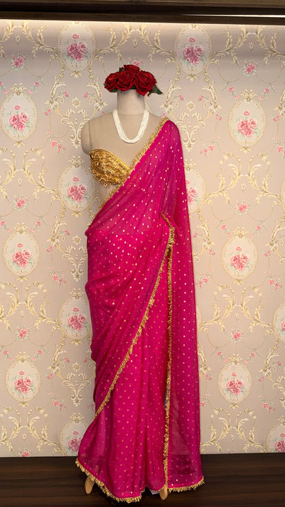 Rani Pink Dotted Saree with Gold Border