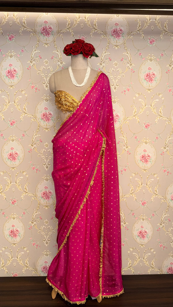 Rani Pink Dotted Saree with Gold Border