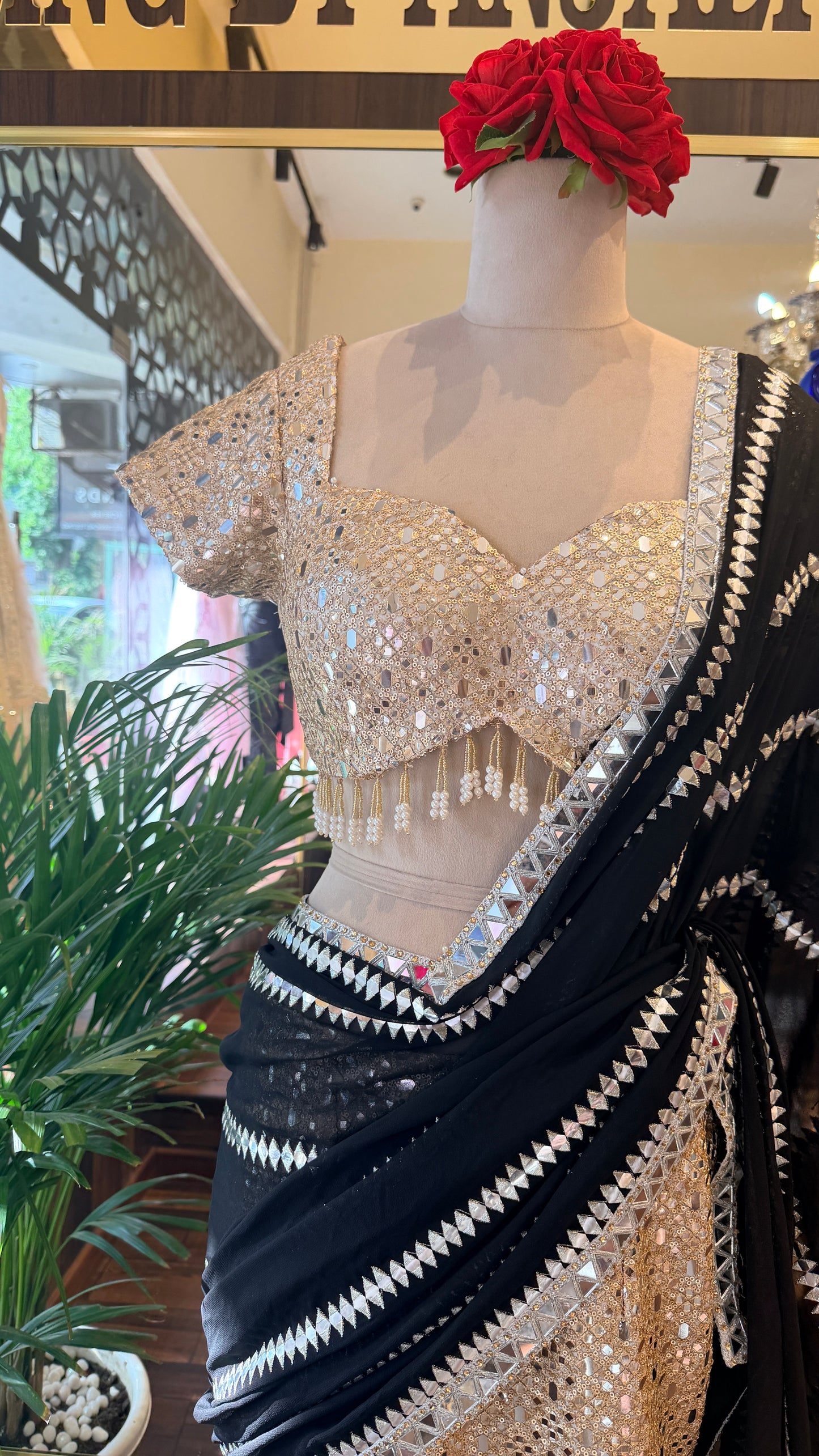 Black & Gold Mirror Work Lehenga Saree Set | Designer Cocktail & Wedding Wear | Bling by Anjali