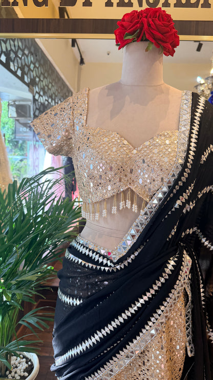 Black & Gold Mirror Work Lehenga Saree Set | Designer Cocktail & Wedding Wear | Bling by Anjali