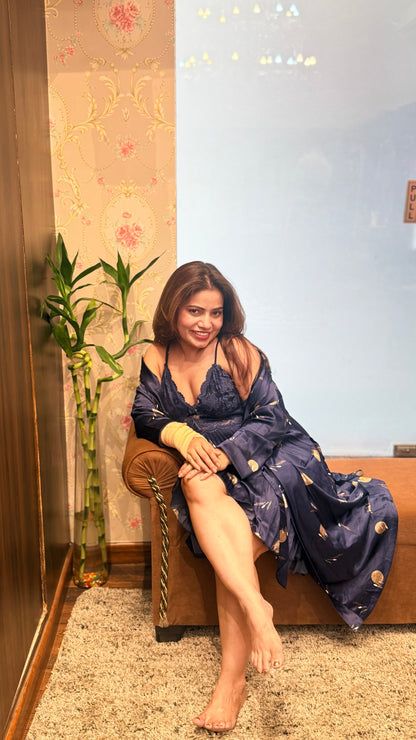 Luxury Navy Blue Satin Lace Nighty with Printed Robe – 2 Piece Nightwear Set