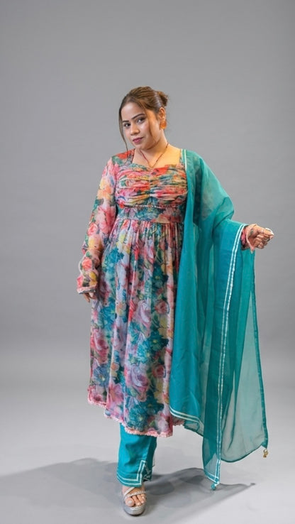 Chiffon Printed Anarkali Suit Set with Organza Dupatta