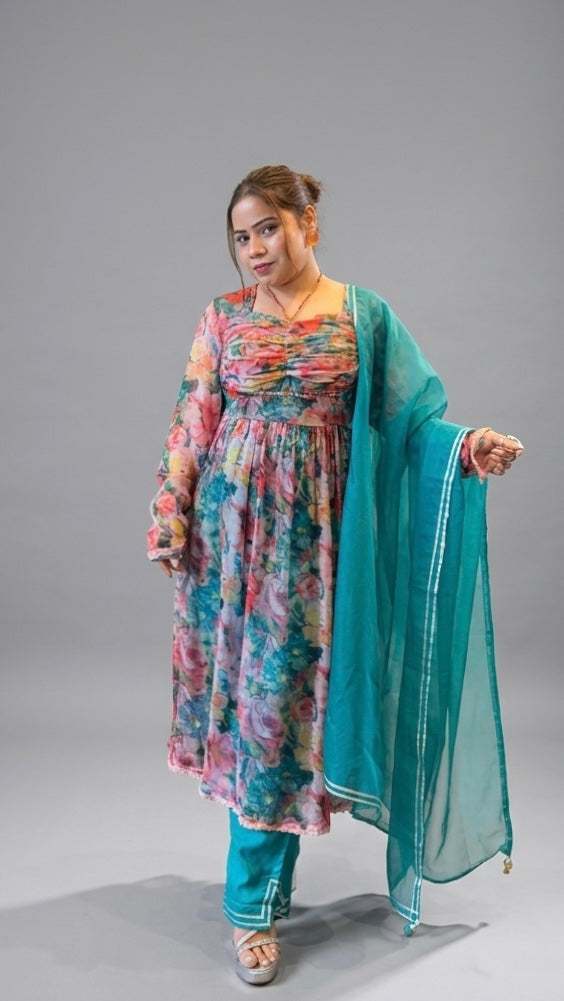 Chiffon Printed Anarkali Suit Set with Organza Dupatta