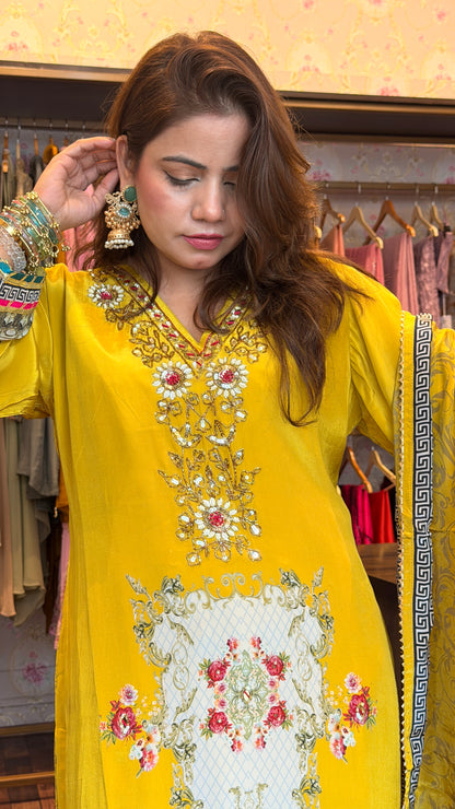 Pure Crepe Printed 3-Piece Suit Set with Handwork | Bling By Anjali