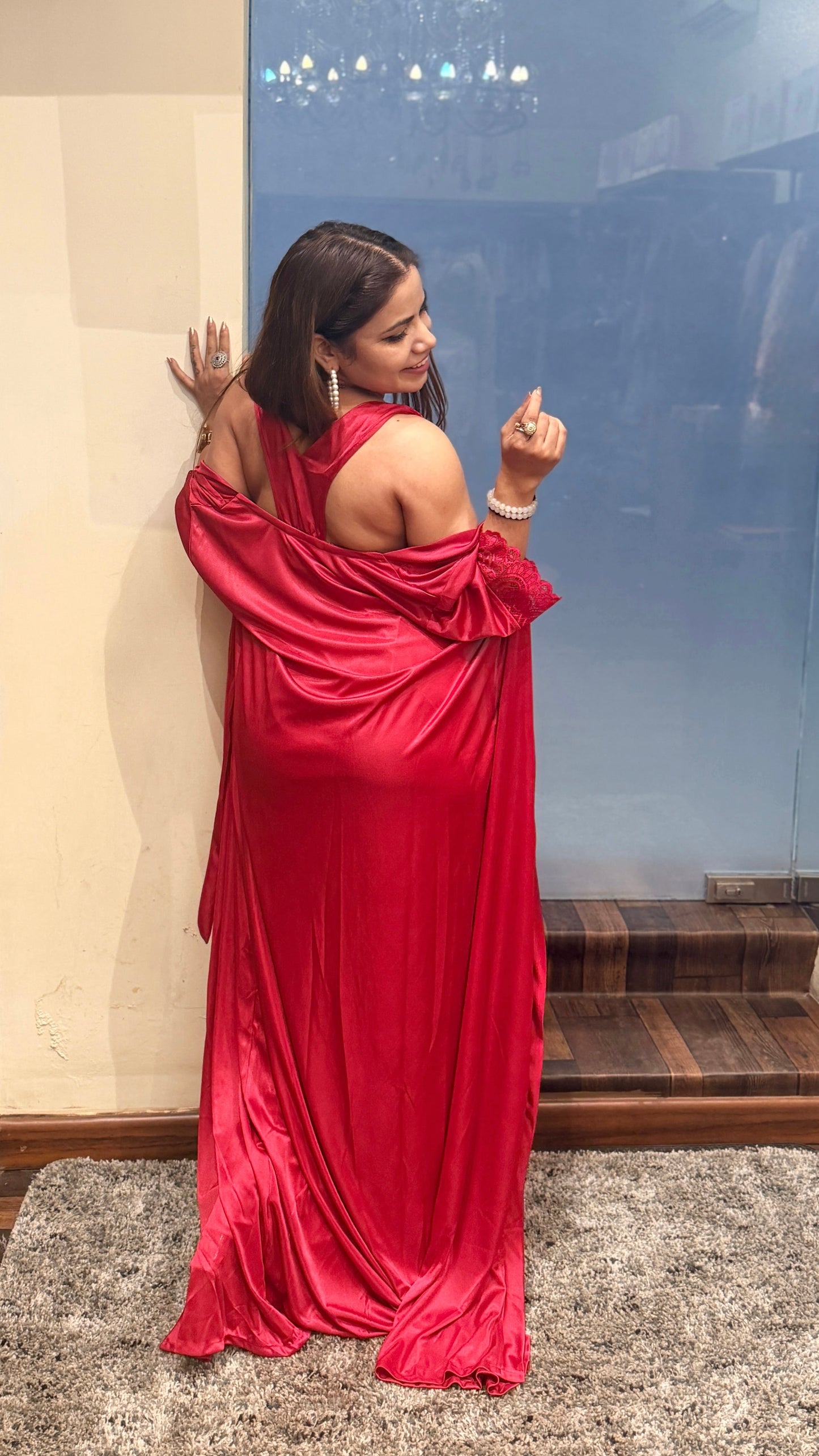 Luxury Red Satin Nightwear Set with Lace Detail (Robe + Slip)