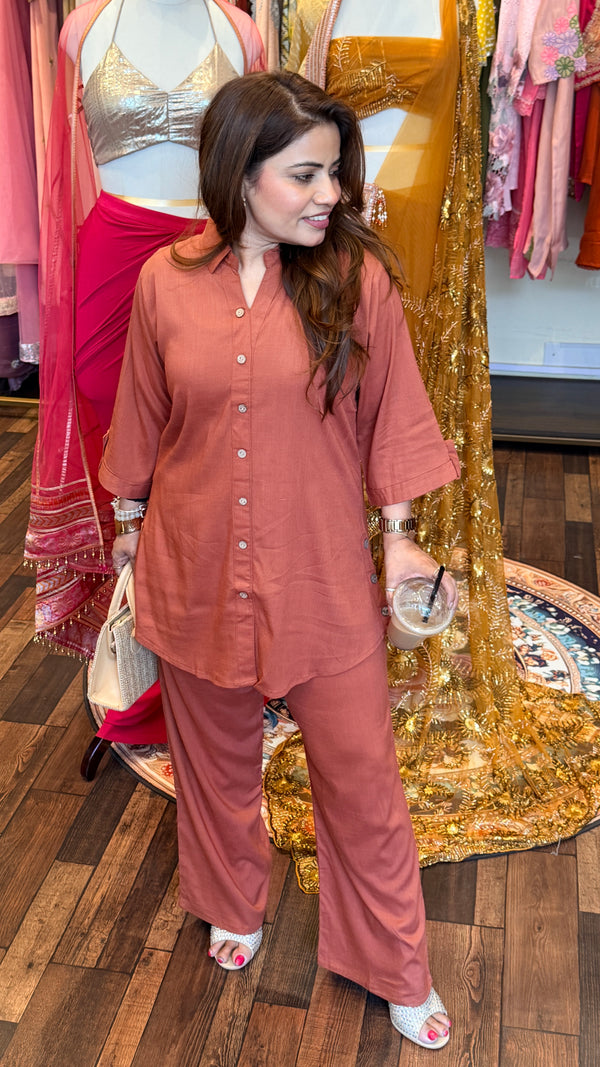 Rust Cotton Co-ord Set with Button-Down Kurta & Straight Pants