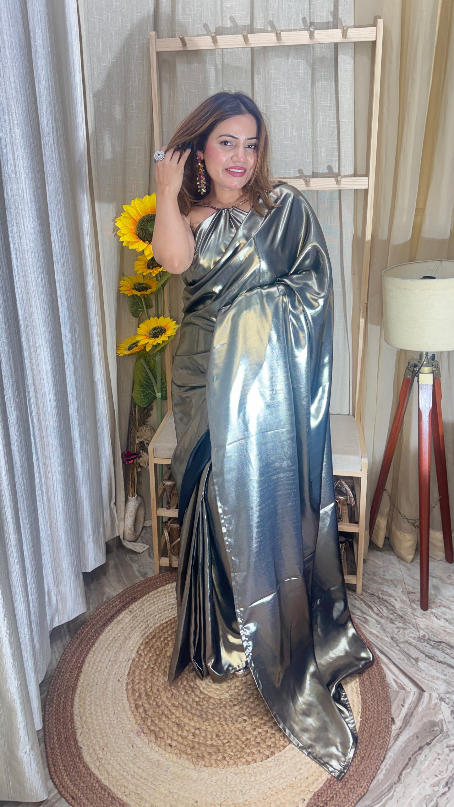 Metallic Luxe Pre-Draped Saree with 1 miter Blouse fabric – Silver Chrome Finish