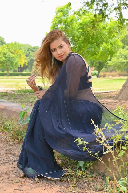 Black chiffon feather Saree with blouse PC
