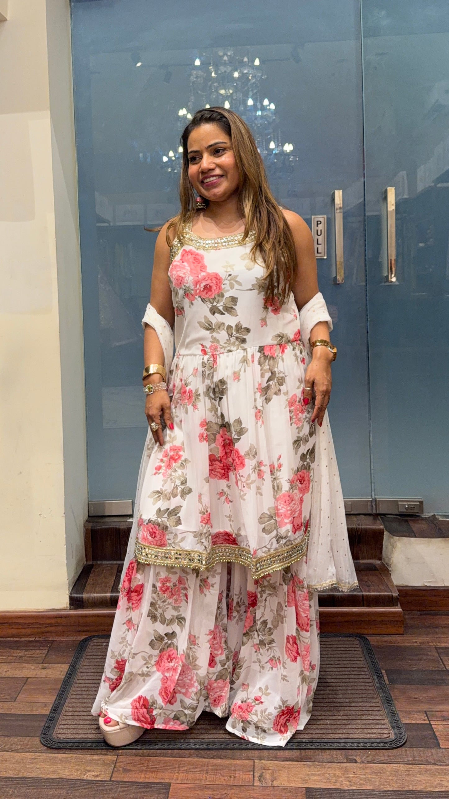 Floral Printed Sharara Suit Set with Gota Lace Detailing – Elegant Festive Wear