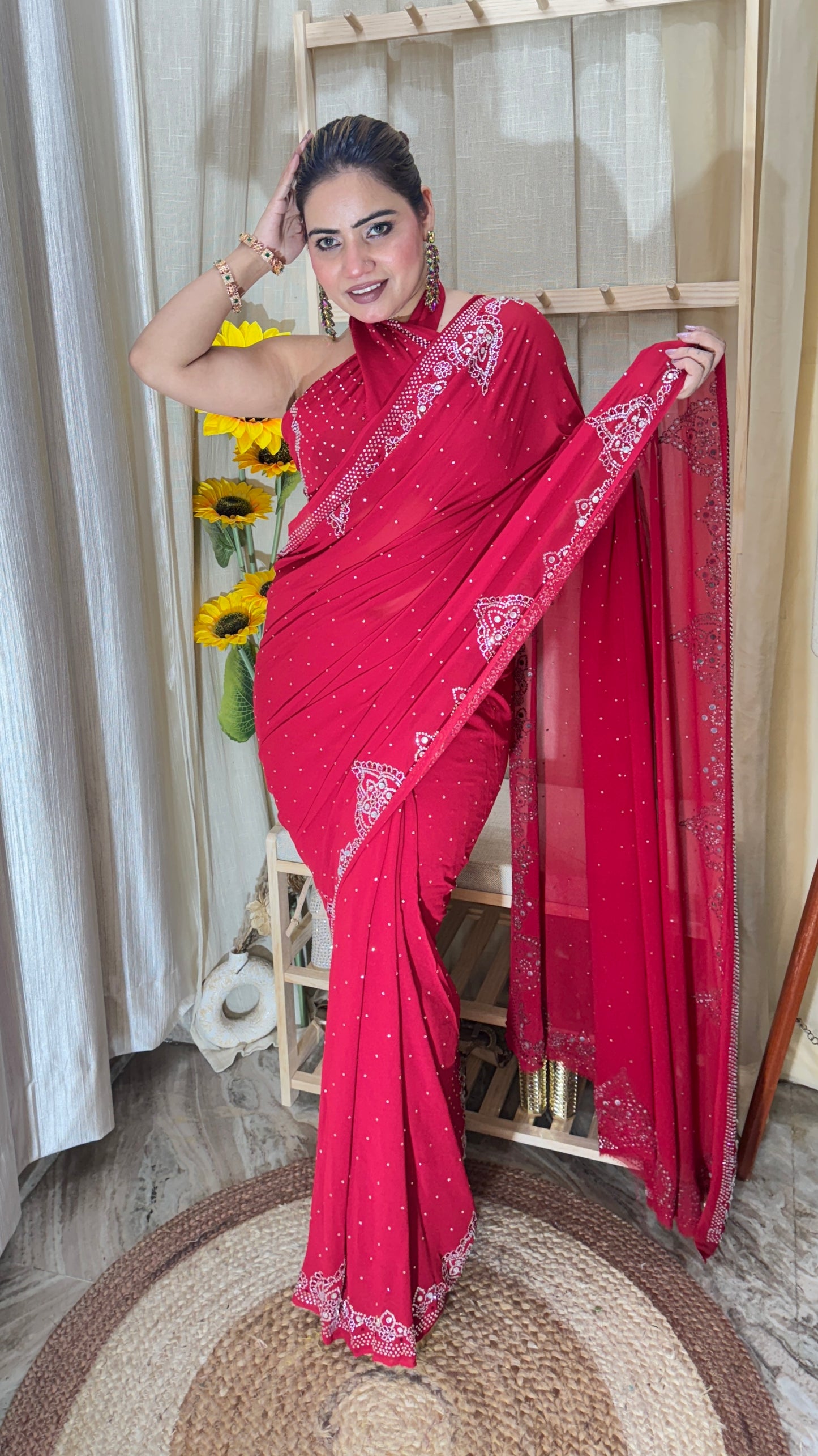 Crimson Red Swarovski Work Georgette Saree