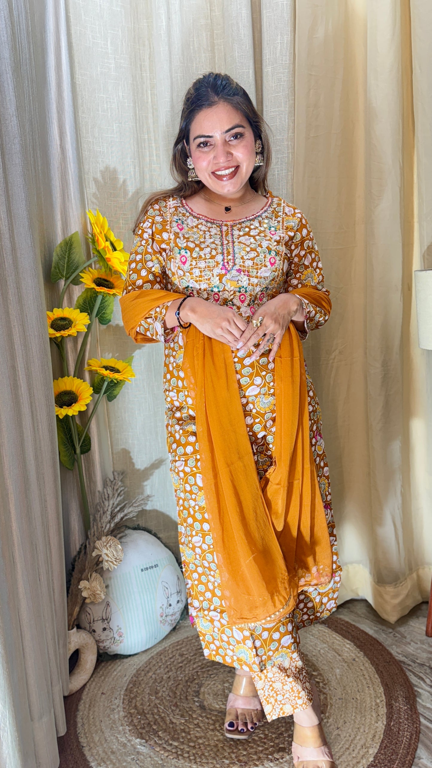 Mustard Floral Embroidered Cotton Suit Set