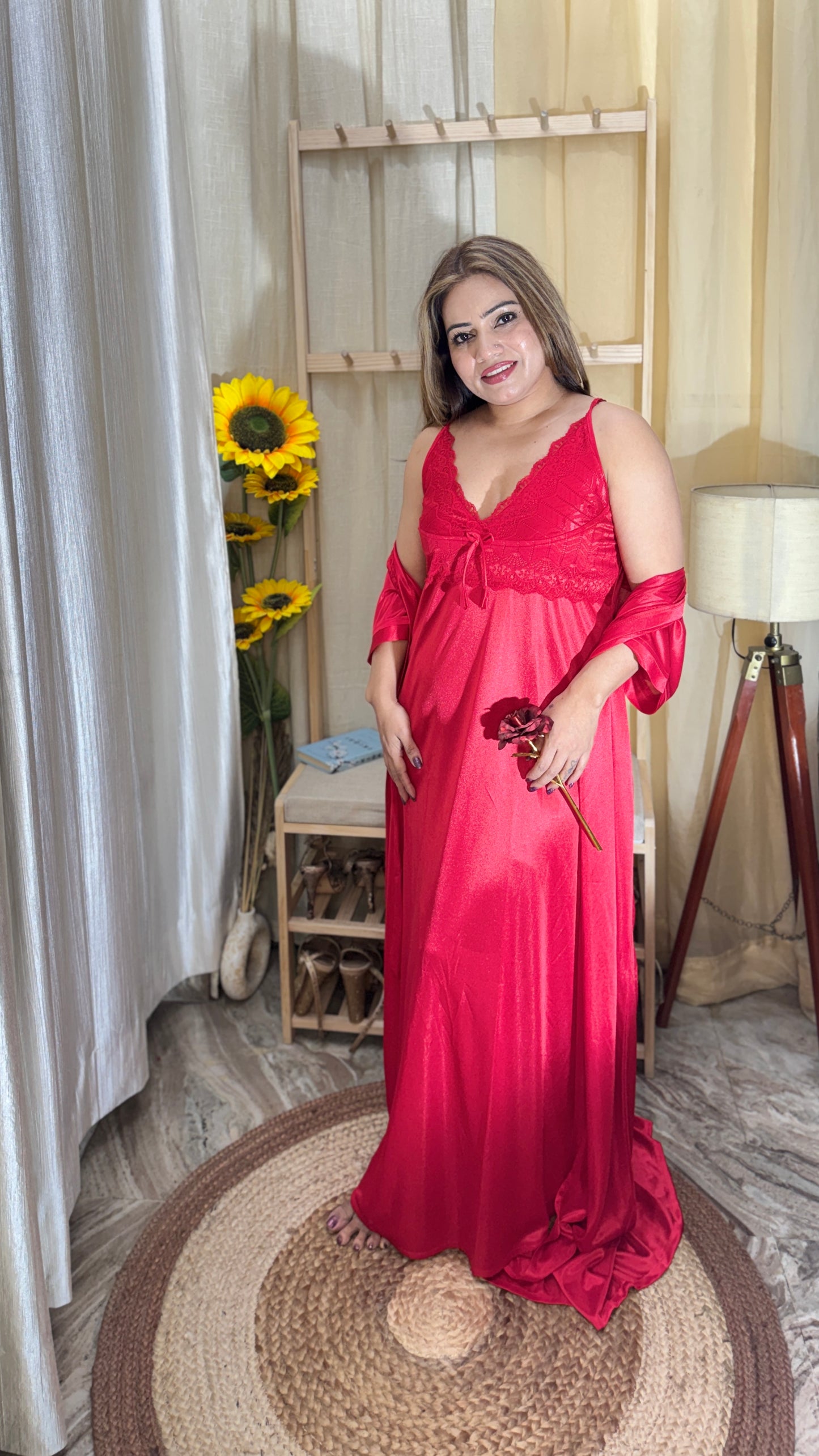 Luxury Red Satin Nighty with Robe – Lace Detail Nightwear Set