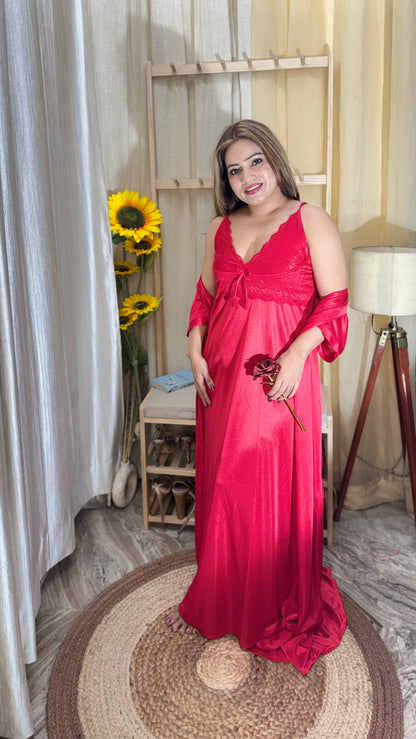 Luxury Red Satin Nighty with Robe – Lace Detail Nightwear Set