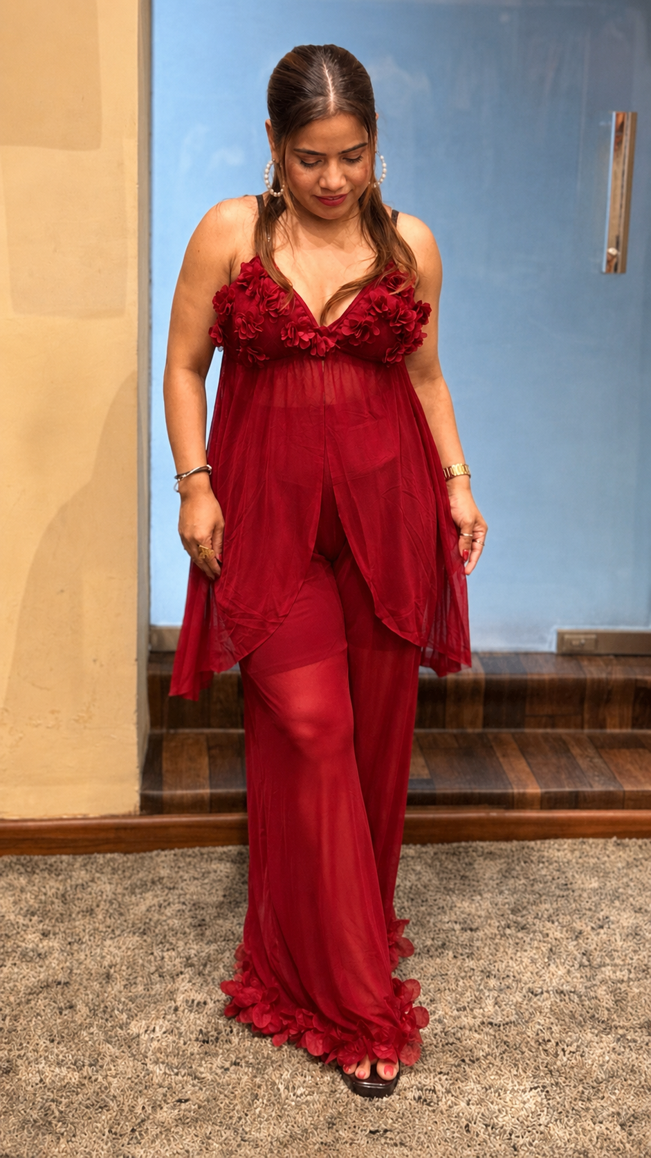 Sheer Floral Lace Nightwear Set – Red & Black