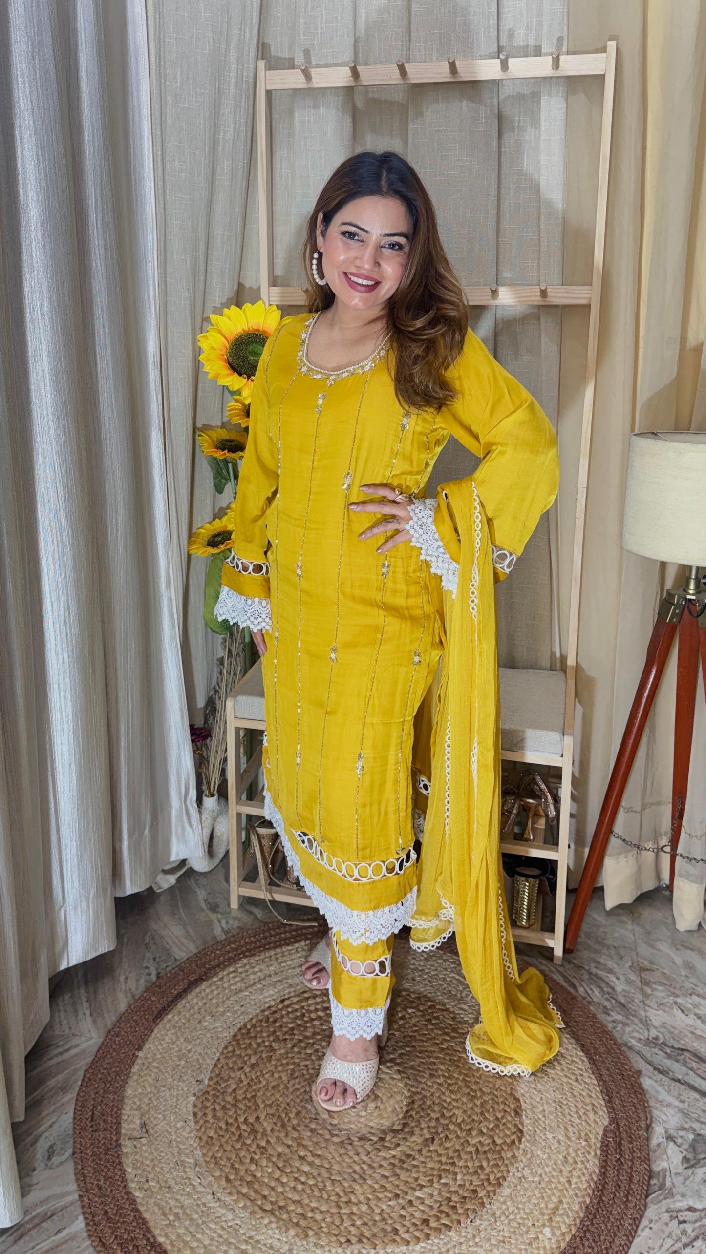 Sunshine Yellow Lace-Detail Kurta Set – 3 Piece