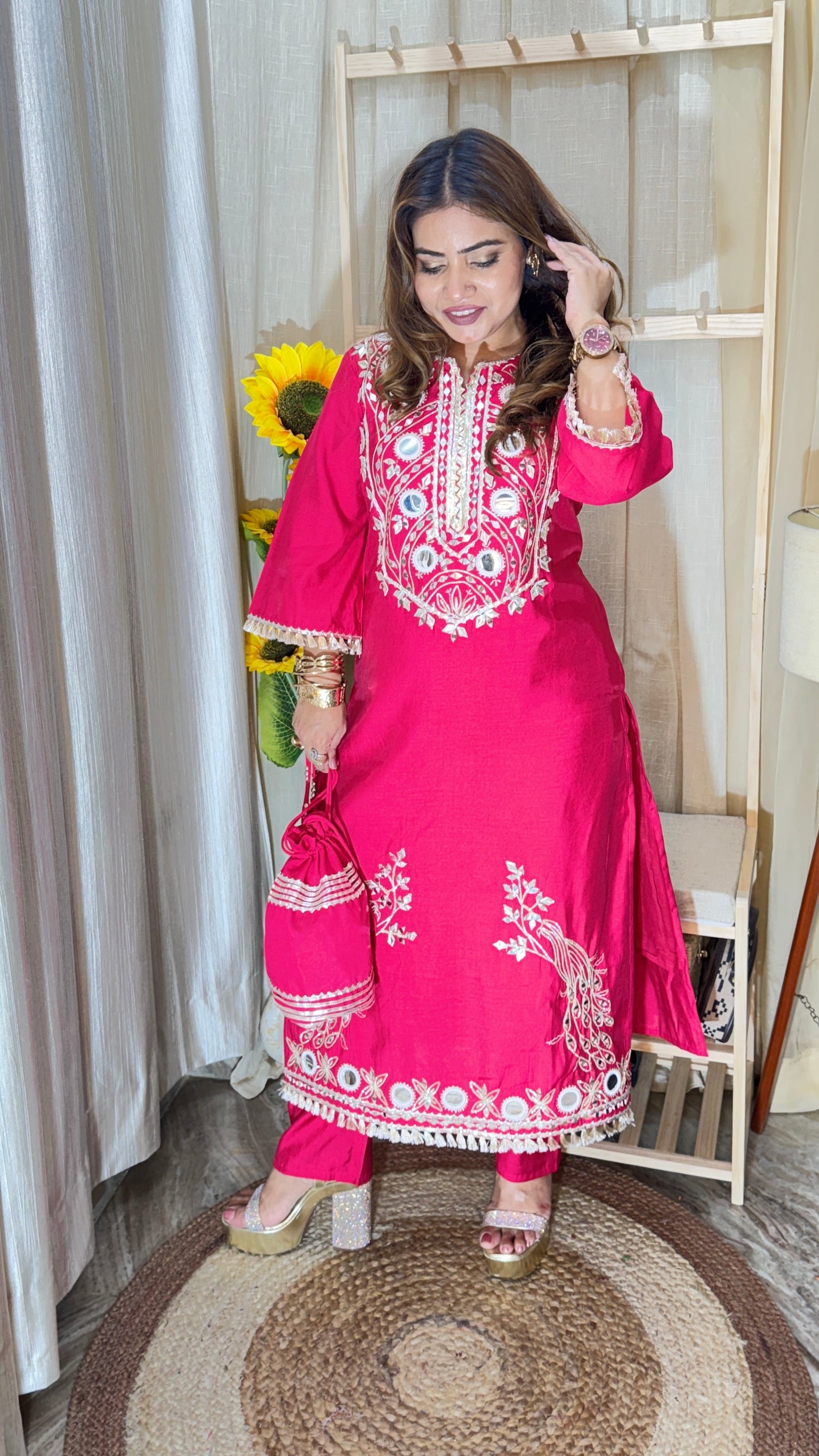 Hot Pink Mirror Embroidered Kurta Set with Potli Bag