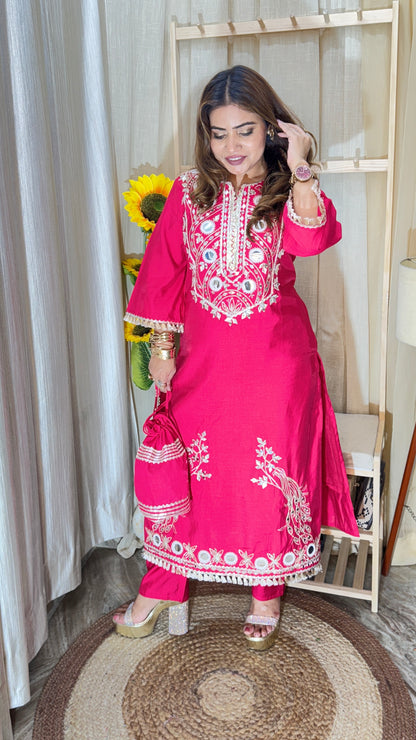Hot Pink Mirror Embroidered Kurta Set with Potli Bag