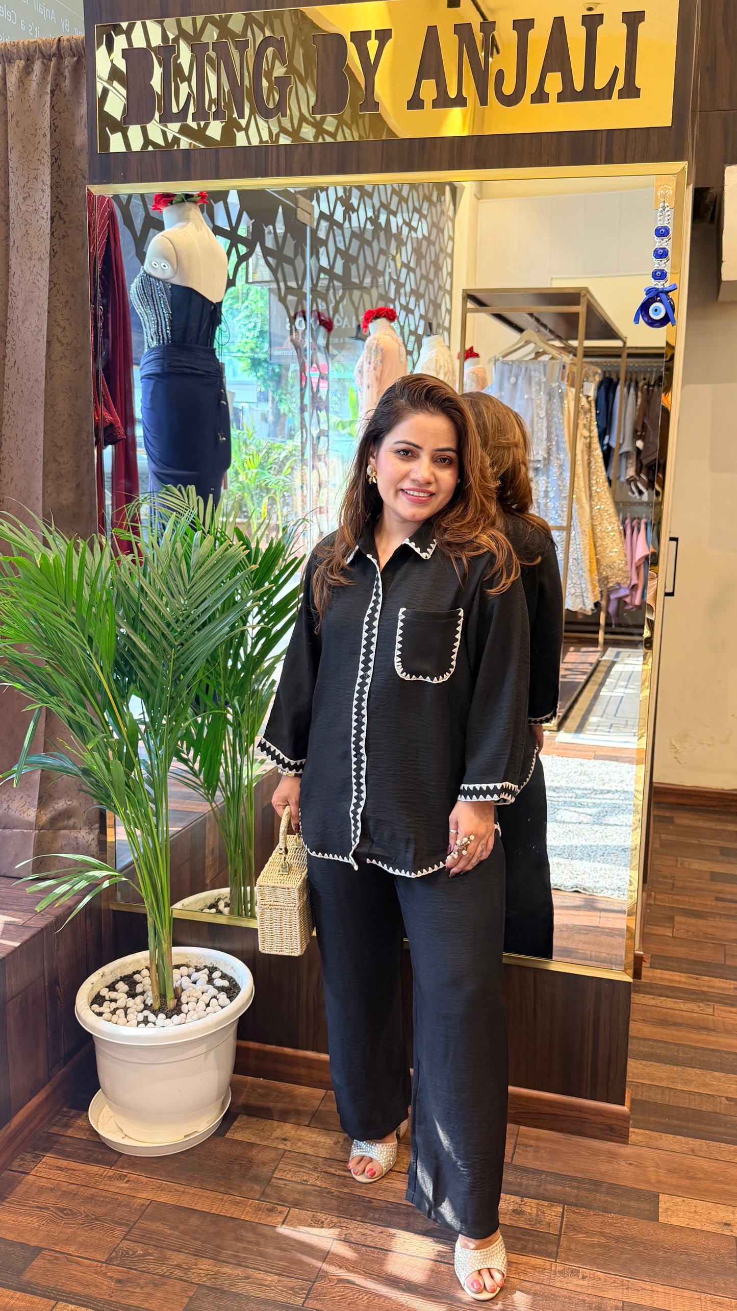 Black Contrast Trim Shirt & Wide-Leg Pants Co-Ord Set