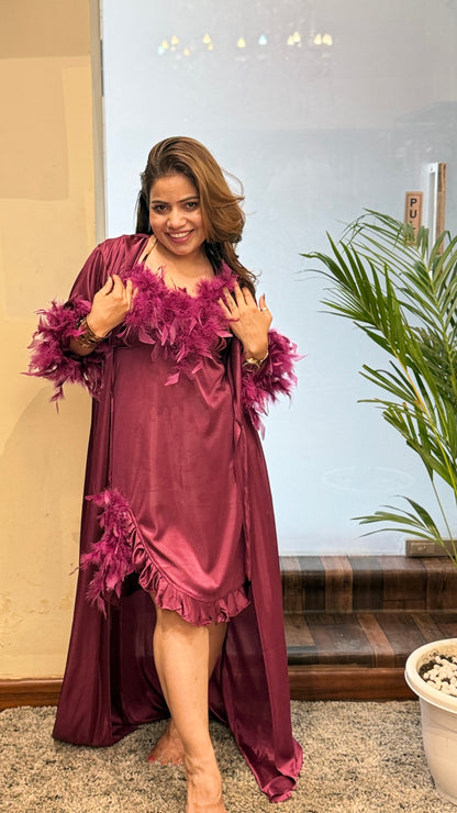 Wine Satin Feather Trim Dress with Cape
