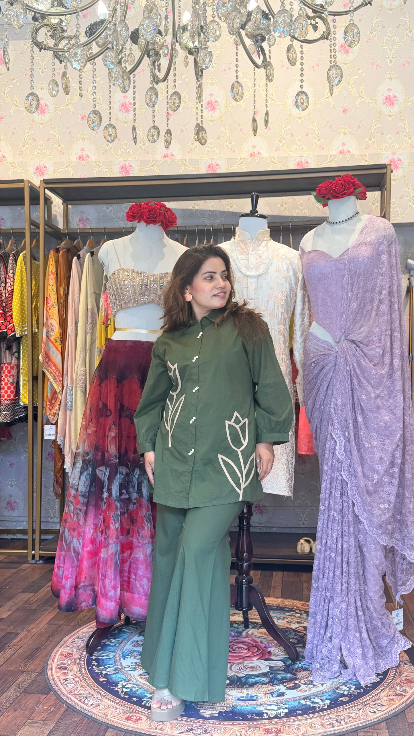 Olive Green Floral Appliqué Shirt Kurta Set with Palazzo Pants | Premium Cotton Co-Ord Set for Women