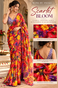 Scarlet Bloom Floral Chiffon Saree with Purple Scalloped Border