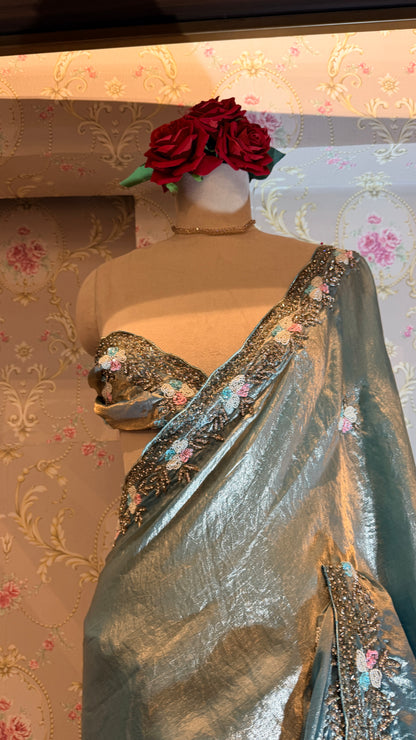 Steel Blue Tissue Silk Saree with Hand-Embroidered Floral Border