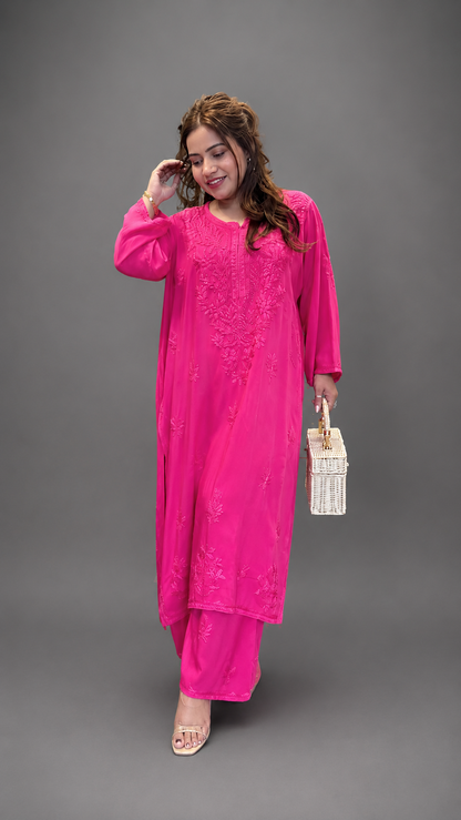 Bling by Anjali – Fuchsia Heavy Rayon Cotton Embroidered Kurta Palazzo Set
