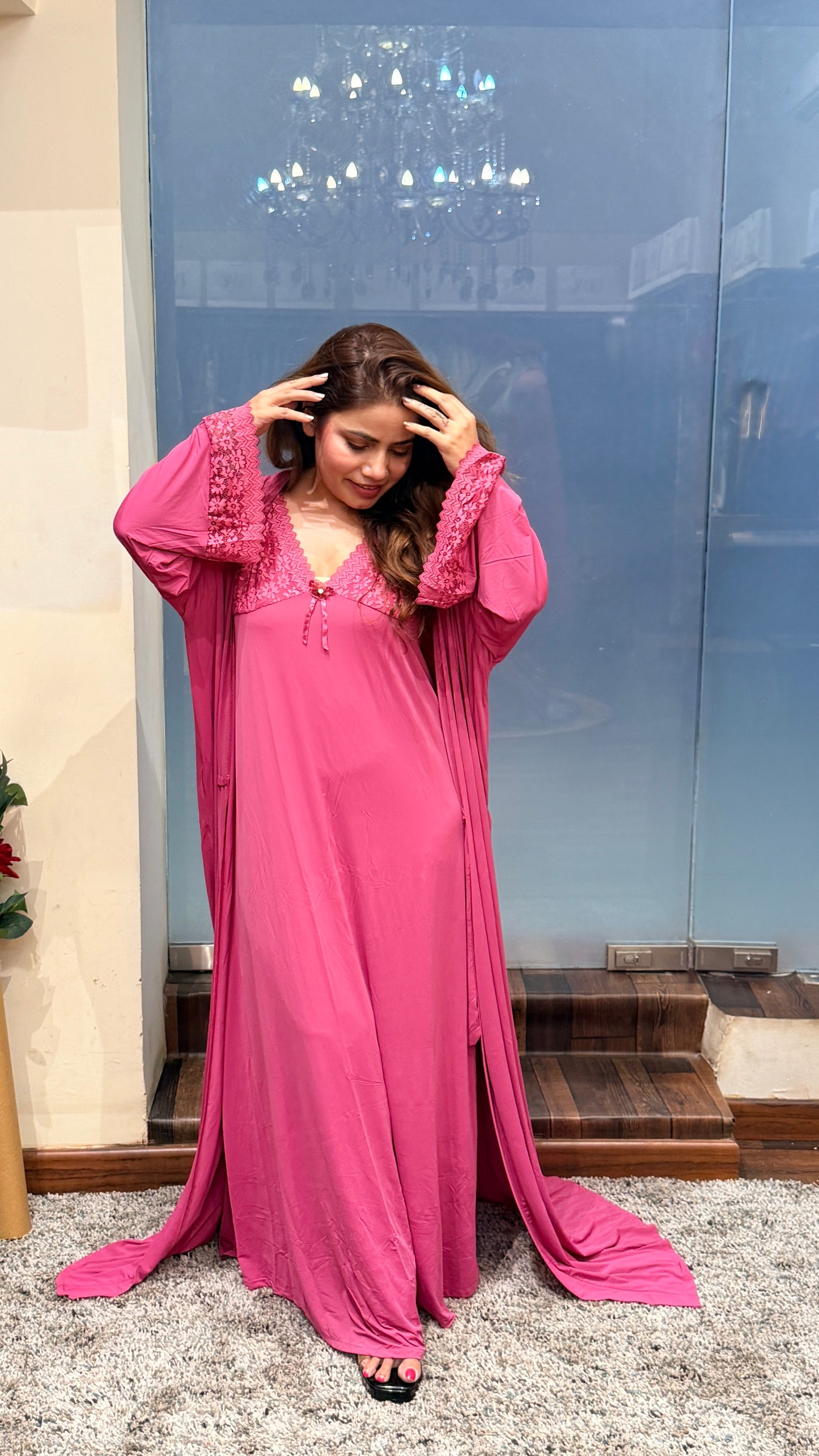 Rose Pink Satin Lace Nightwear Set with Robe | Luxury Bridal Lounge Wear | Designer Night Suit Delhi