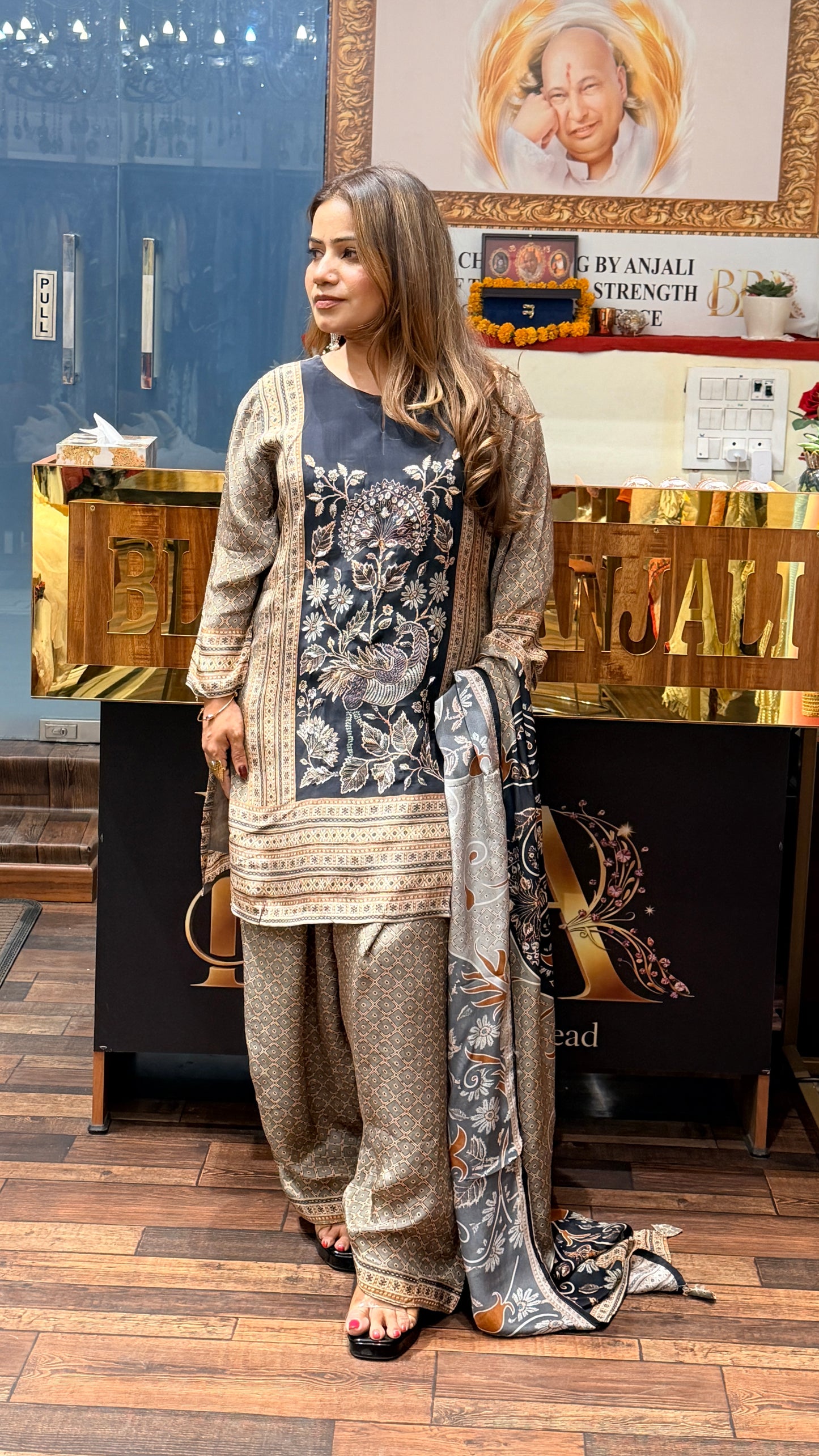 Charcoal Black Printed Suit Set with Dupatta & Farsi Salwar