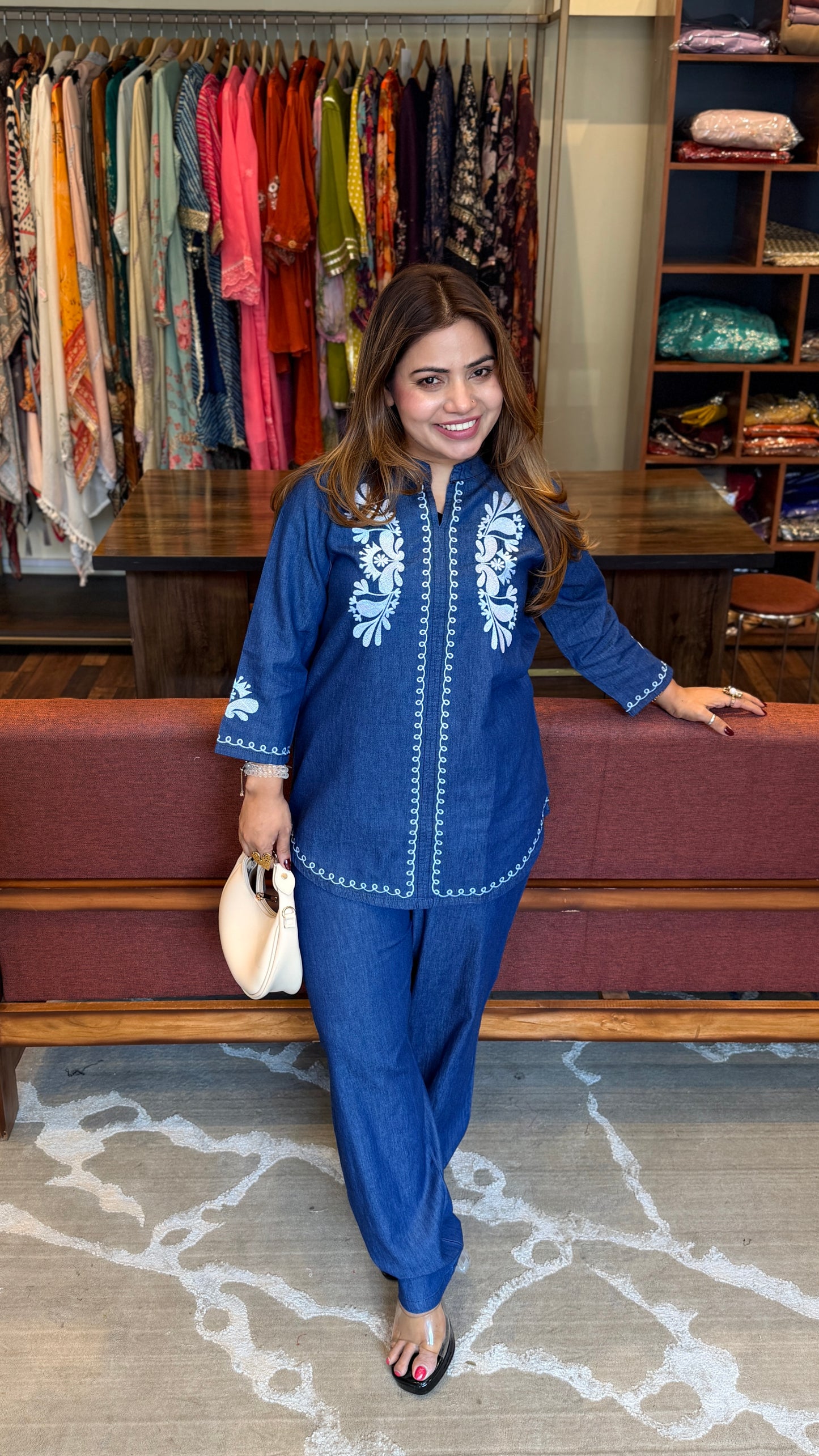 Indigo Denim Co-ord Set with White Embroidery