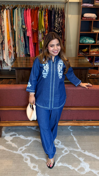 Indigo Denim Co-ord Set with White Embroidery