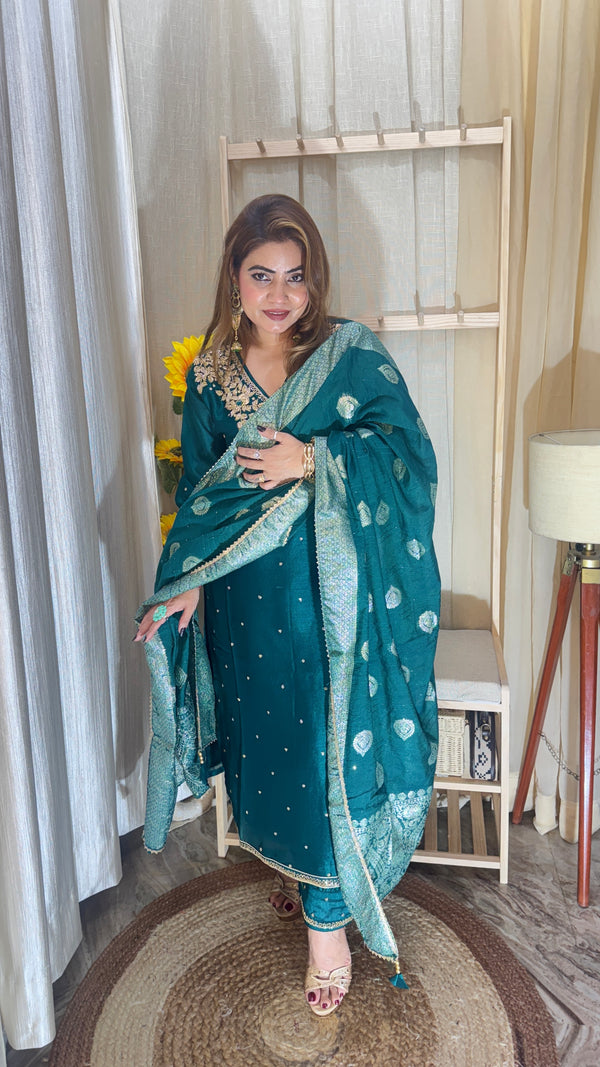 Emerald Green Embroidered Suit with Banarasi Dupatta