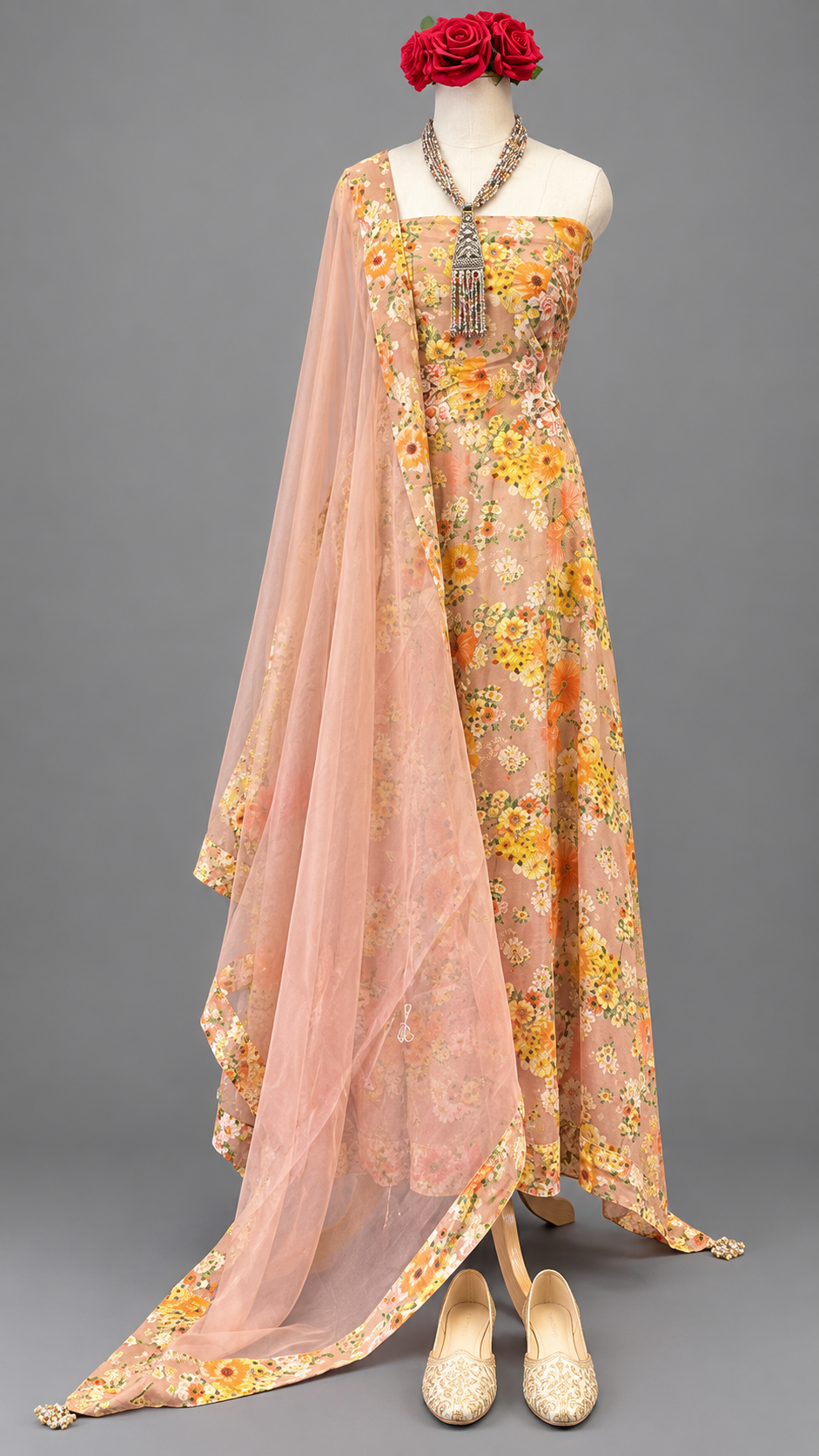 Floral Printed Organza Semi-stitched Anarkali