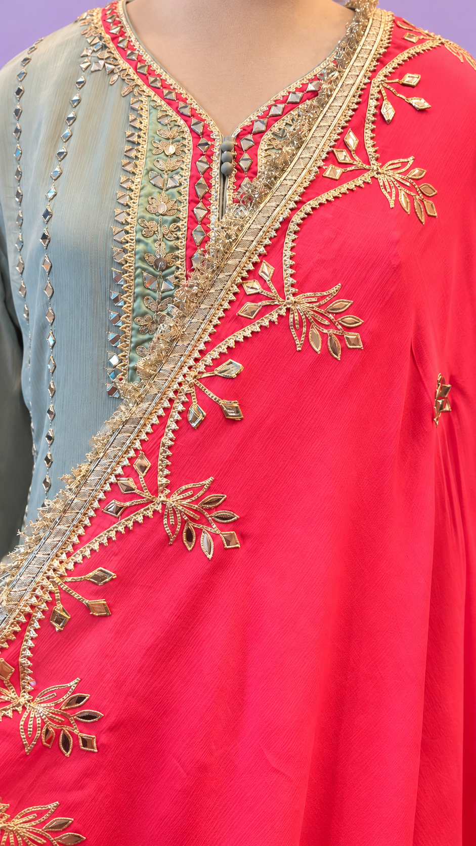 Sage Blue & Coral Pink Embroidered Festive Suit Set