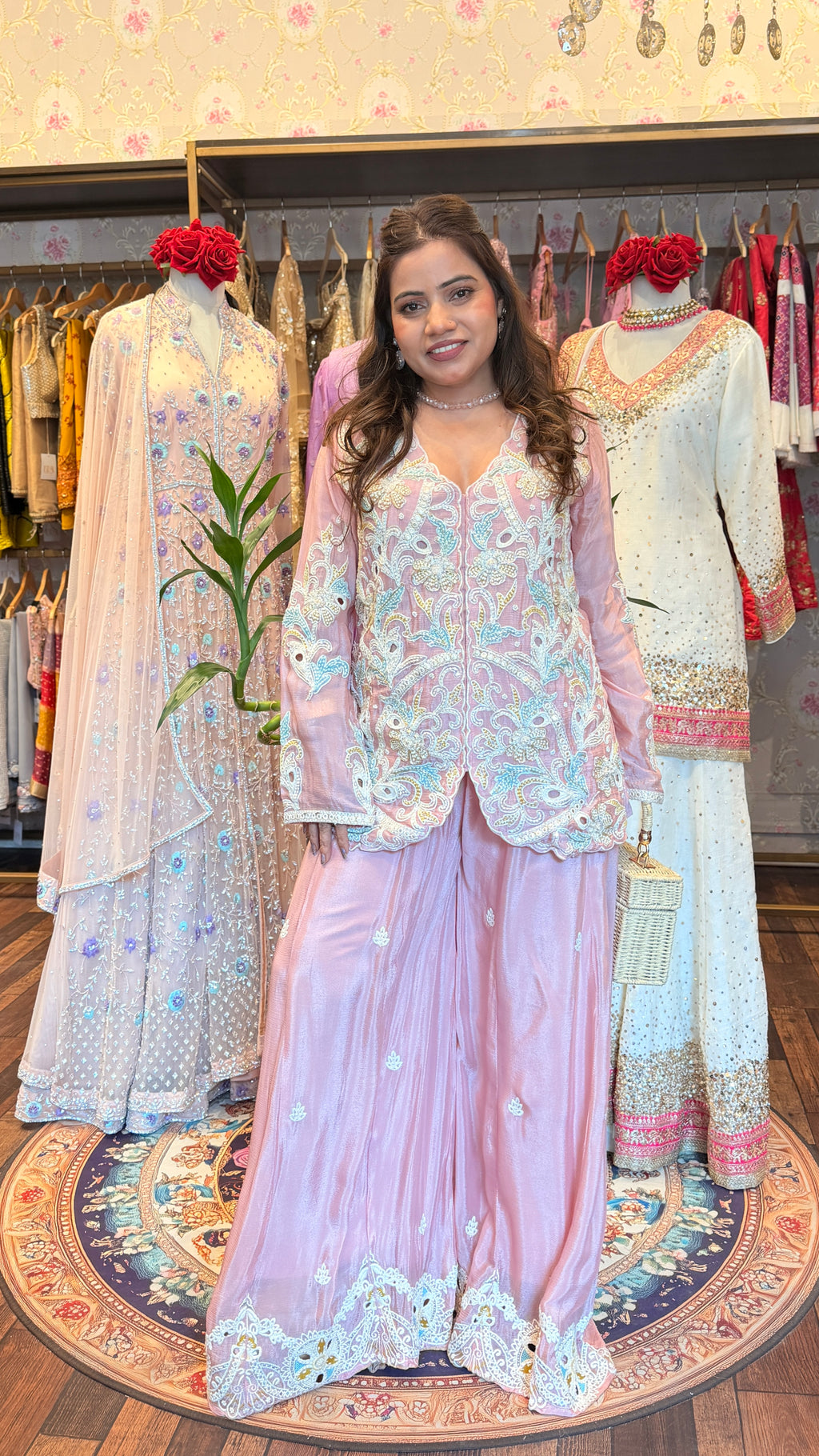 Blush Pink Embroidered Jacket-Style Sharara Set