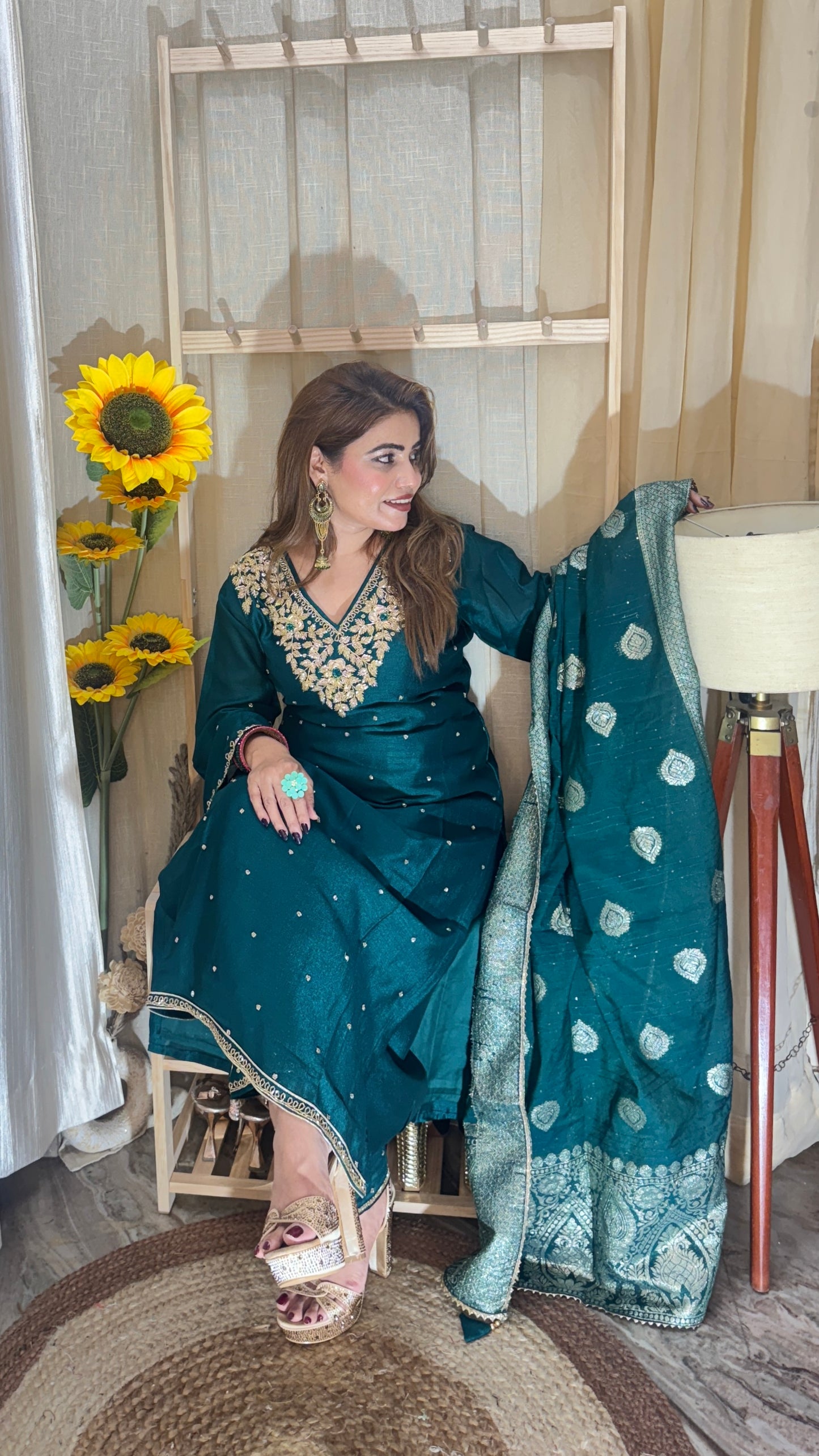 Emerald Green Embroidered Suit with Banarasi Dupatta
