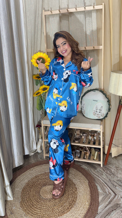 Blue Cartoon Print Satin Night Suit Set