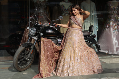 TIMELESS GOLDEN LIGHT MUGHAL EMBROIDERED LEHENGA WITH DUPATTA & UNSTITCHED BLOUSE PIECE