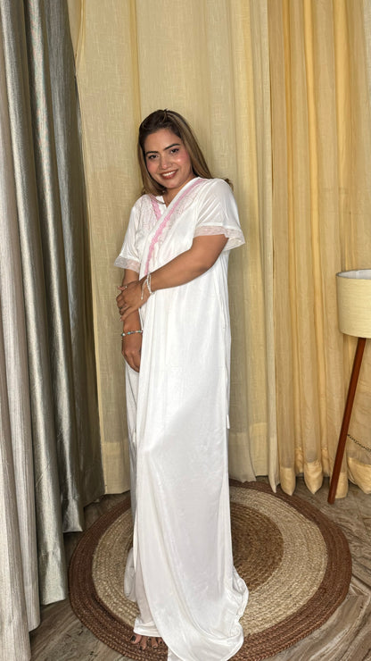 luxurious white satin nighty 2pc set